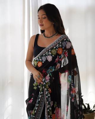 Black Colour Digital Print Georgette Fabric Heavy Work Saree With Un-Stitched Blouse 3