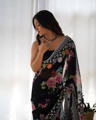 Black Colour Digital Print Georgette Fabric Heavy Work Saree With Un-Stitched Blouse 4