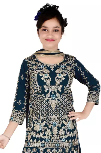 Dark Blue Georgette Threadwork Kids Sharara Suit