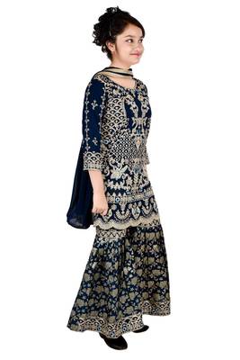 Dark Blue Georgette Threadwork Kids Sharara Suit 3