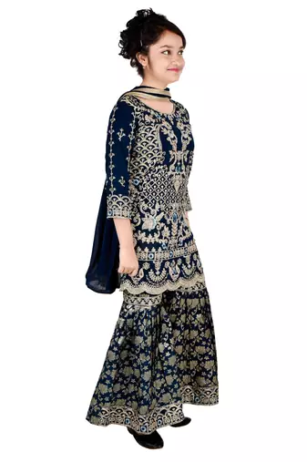 Dark Blue Georgette Threadwork Kids Sharara Suit