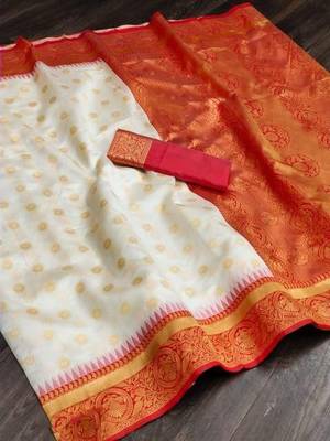 White Woven Faux Kanjivaram Silk Saree With Blouse Piece 5