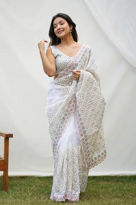 Pure White Soft Organza Silk Heavy Work Saree With Un-Stitched Blouse 1