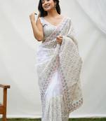 Pure White Colour Soft Organza Silk Heavy Work Saree With Un-Stitched Blouse
