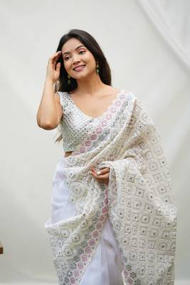 Pure White Soft Organza Silk Heavy Work Saree With Un-Stitched Blouse 3