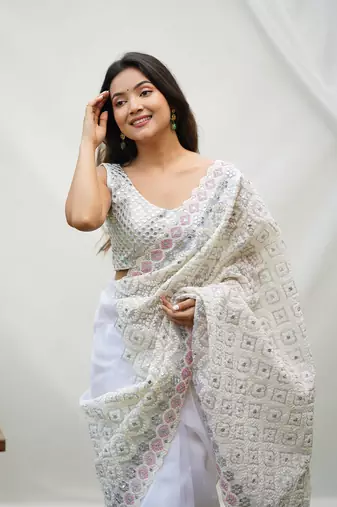 Pure White Soft Organza Silk Heavy Work Saree With Un-Stitched Blouse