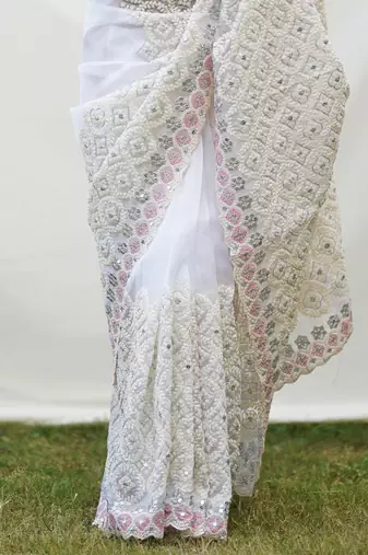 Pure White Soft Organza Silk Heavy Work Saree With Un-Stitched Blouse