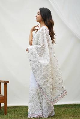 Pure White Soft Organza Silk Heavy Work Saree With Un-Stitched Blouse 6