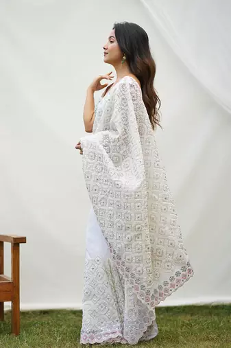 Pure White Soft Organza Silk Heavy Work Saree With Un-Stitched Blouse