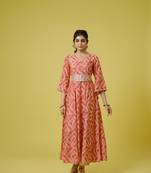 Orange 3/4th sleeves cotton chanderi tie-dye full length dress