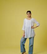 Hassu's women off white 3/4th sleeves chiffon tonal floral thread work hip length top