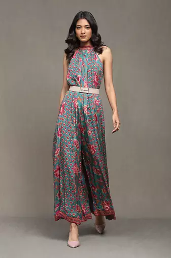 Aarke teal botanic print viscose jumpsuit