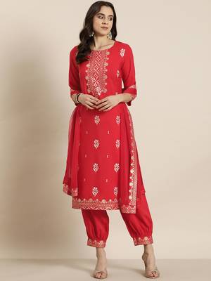 Ziyaa red color crepe straight foil printed kurta, salwar and dupatta set 1