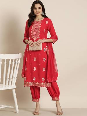 Ziyaa red color crepe straight foil printed kurta, salwar and dupatta set 2