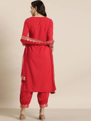 Ziyaa red color crepe straight foil printed kurta, salwar and dupatta set 3
