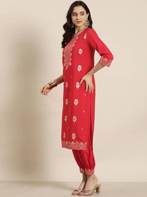Ziyaa red color crepe straight foil printed kurta, salwar and dupatta set 4