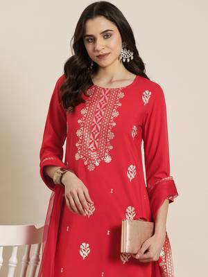 Ziyaa red color crepe straight foil printed kurta, salwar and dupatta set 5