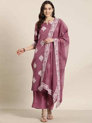 Ziyaa peach color crepe straight printed kurta, palazzo and dupatta set 1
