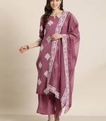 Ziyaa peach color crepe straight printed kurta, palazzo and dupatta set