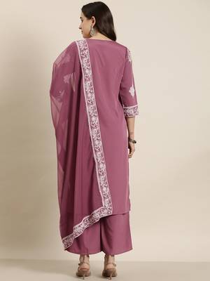 Ziyaa peach color crepe straight printed kurta, palazzo and dupatta set 3