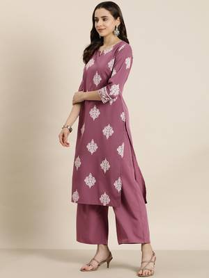 Ziyaa peach color crepe straight printed kurta, palazzo and dupatta set 4