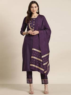 Ziyaa purple color chinon straight embriodery kurta, pant and dupatta set 1