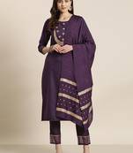 Ziyaa purple color chinon straight embriodery kurta, pant and dupatta set
