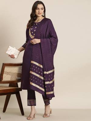 Ziyaa purple color chinon straight embriodery kurta, pant and dupatta set 2