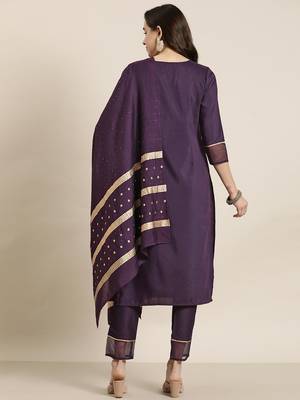 Ziyaa purple color chinon straight embriodery kurta, pant and dupatta set 3