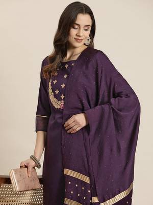Ziyaa purple color chinon straight embriodery kurta, pant and dupatta set 5
