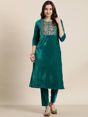 Ziyaa green color velvet straight embriodery kurta and pant set 1