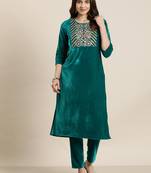 Ziyaa green color velvet straight embriodery kurta and pant set