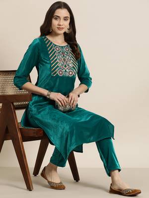Ziyaa green color velvet straight embriodery kurta and pant set 2