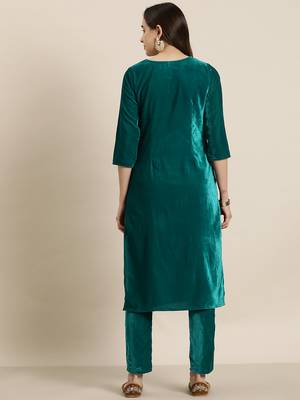 Ziyaa green color velvet straight embriodery kurta and pant set 3