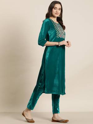 Ziyaa green color velvet straight embriodery kurta and pant set 4