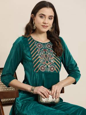Ziyaa green color velvet straight embriodery kurta and pant set 5