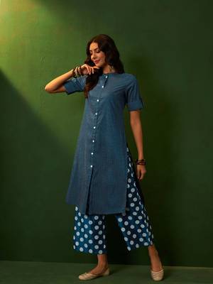 Ziyaa teal chinon straight kurta palazzo set 3