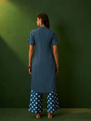Ziyaa teal chinon straight kurta palazzo set 4