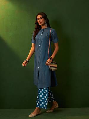 Ziyaa teal chinon straight kurta palazzo set 5