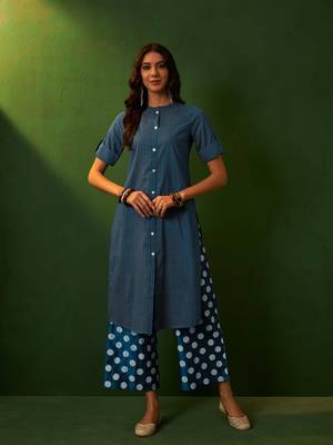 Ziyaa teal chinon straight kurta palazzo set 1