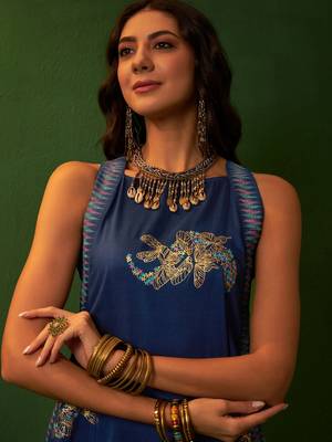 Ziyaa blue chinon a-line kurta pant set 2