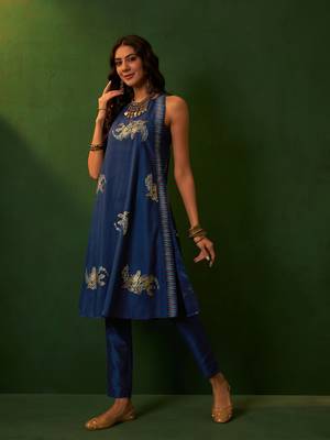 Ziyaa blue chinon a-line kurta pant set 3