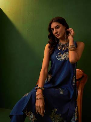 Ziyaa blue chinon a-line kurta pant set 5