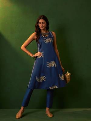 Ziyaa blue chinon a-line kurta pant set 1