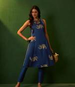 Ziyaa blue chinon a-line kurta pant set