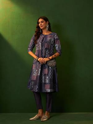 Ziyaa purple chinon a-line kurta pant set 1