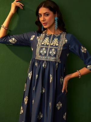 Ziyaa navy blue chinon flare kurta pant set 2