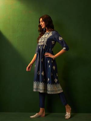 Ziyaa navy blue chinon flare kurta pant set 3