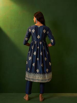 Ziyaa navy blue chinon flare kurta pant set 4