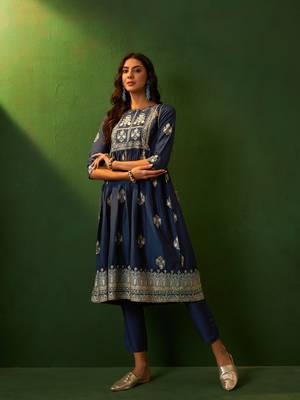 Ziyaa navy blue chinon flare kurta pant set 1